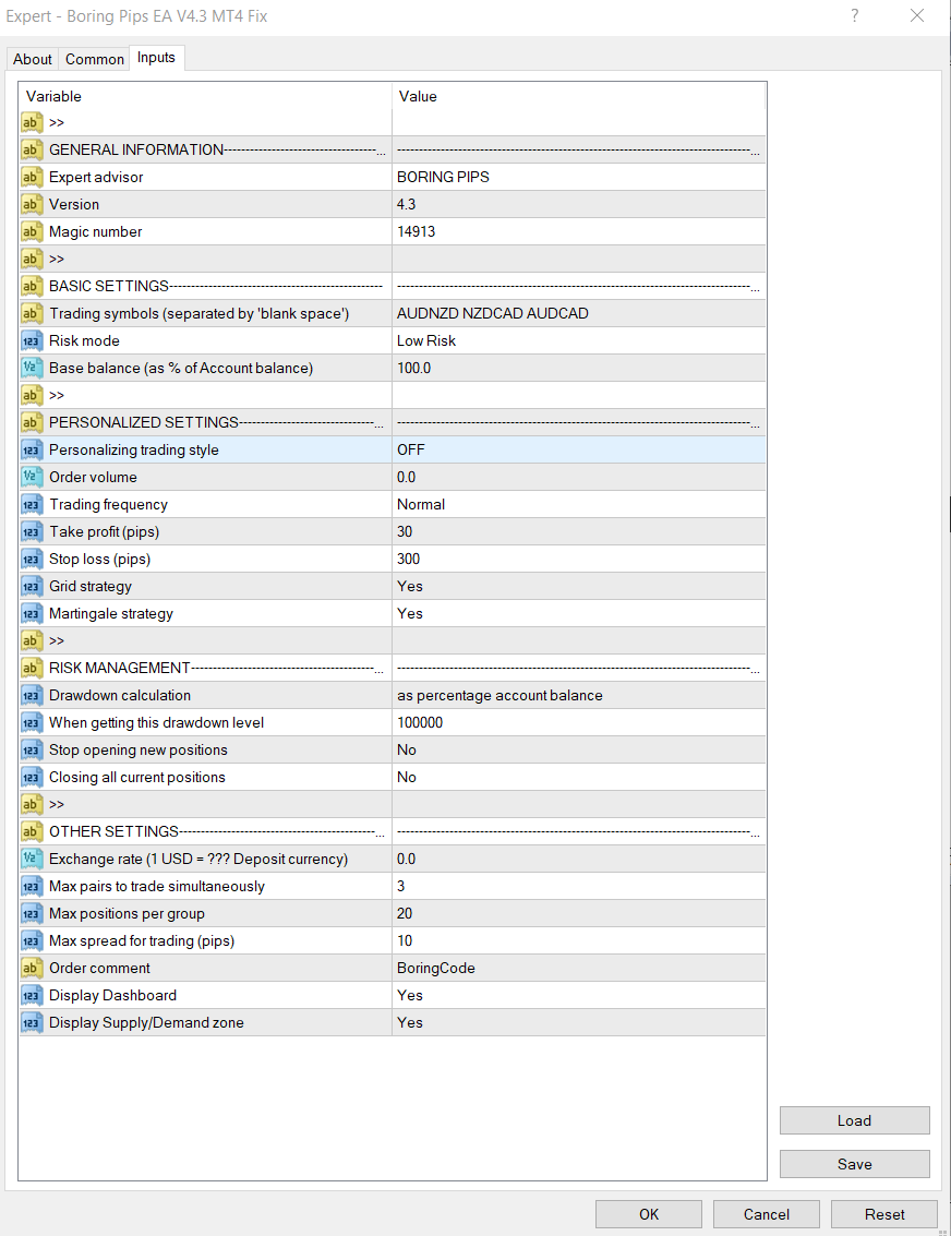 Boring Pip MT4 prop firm settings screenshot