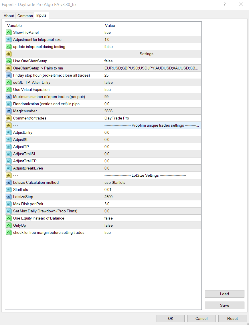 DayTrade Pro MT4 prop firm settings screenshot