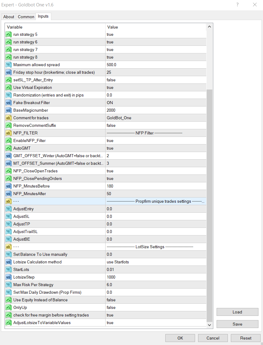 Goldbot One MT4 prop firm settings screenshot