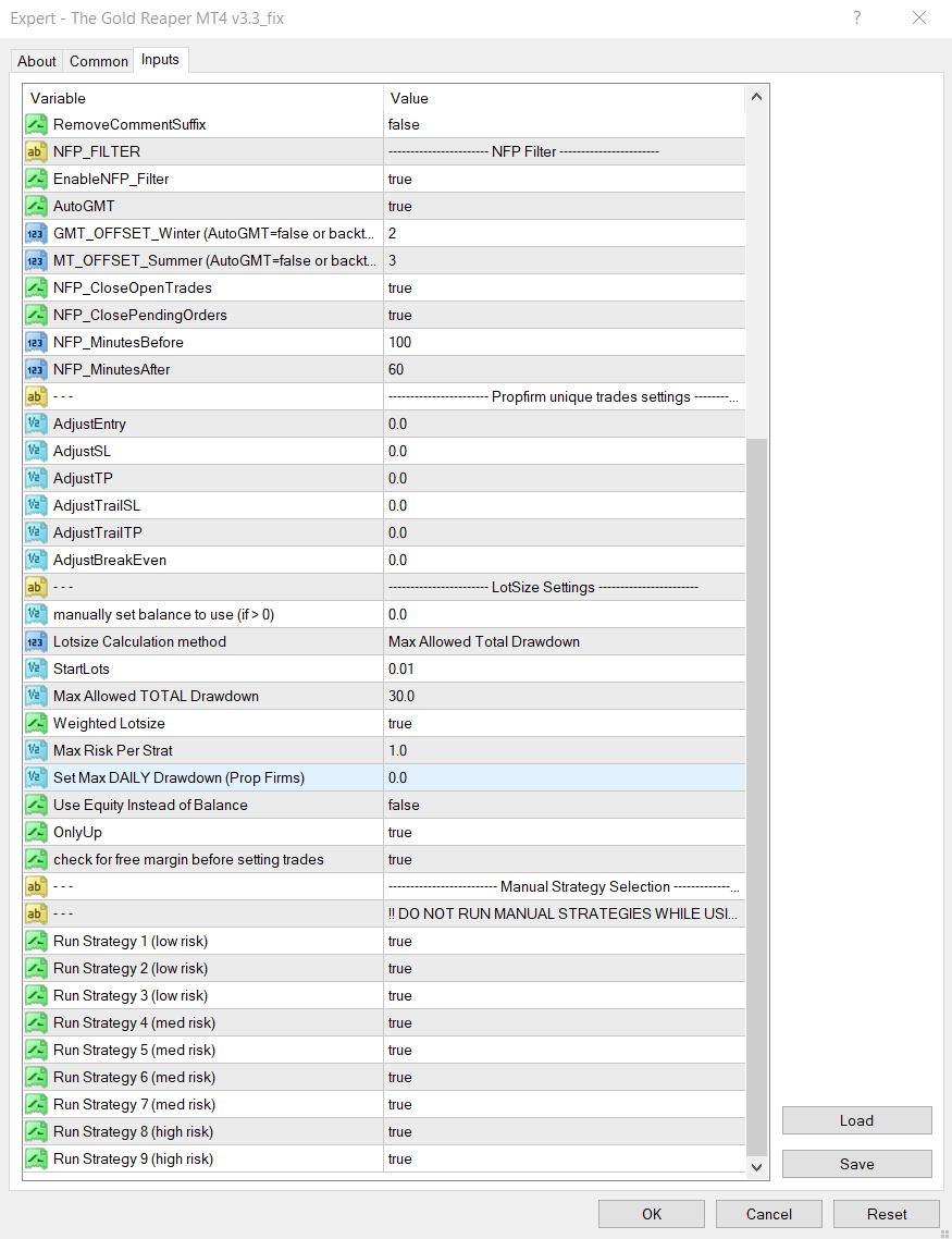 Gold Reaper MT4 prop firm settings screenshot