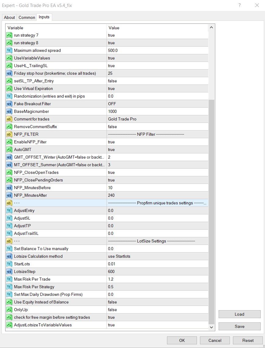 GoldTrade Pro MT4 prop firm settings screenshot