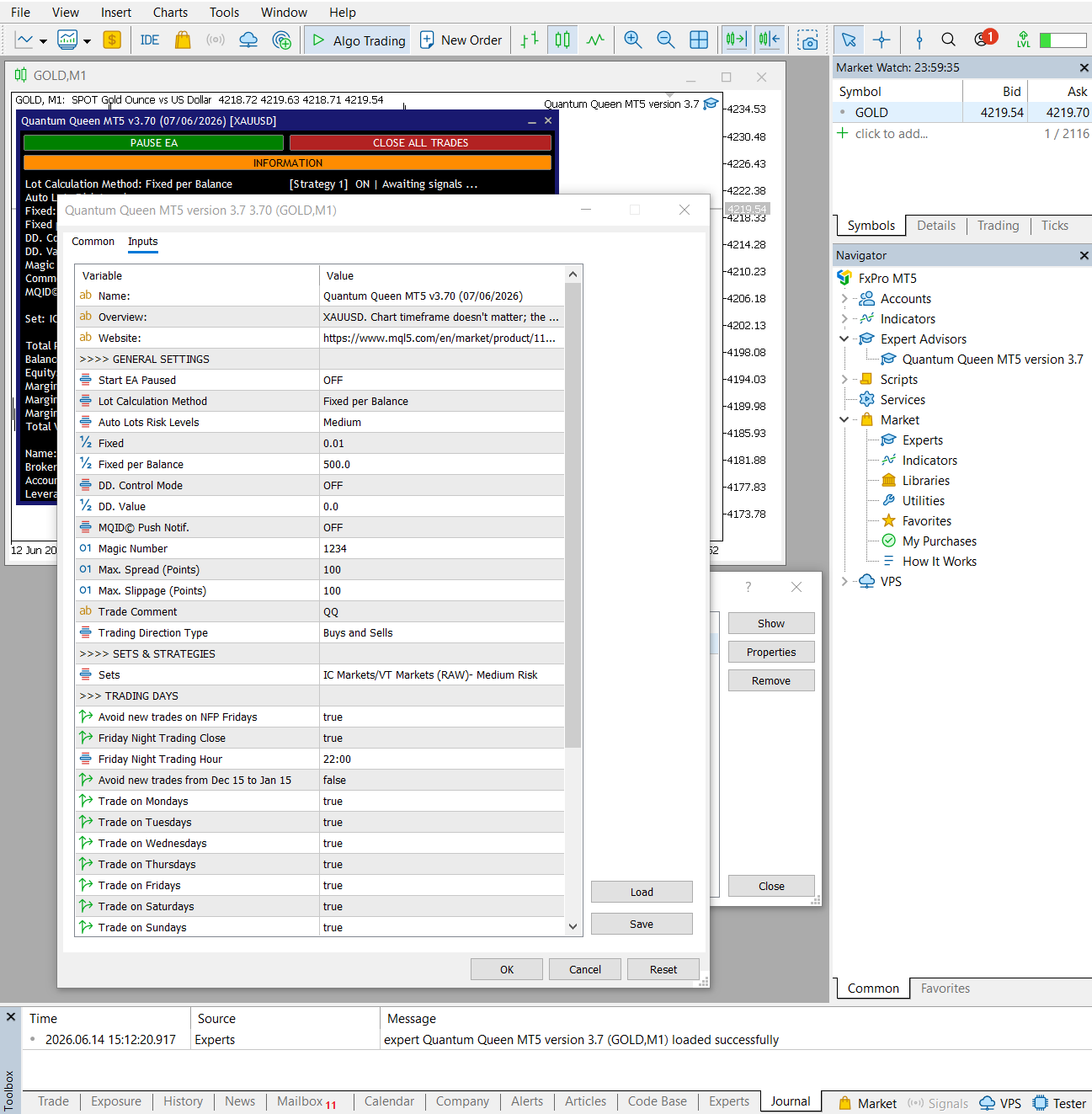Quantum Queen V3.7 MT5 input settings panel