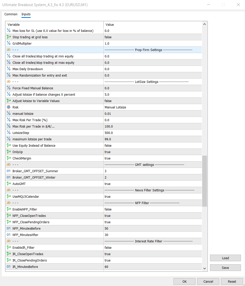 Ultimate Breakout System MT5 prop firm settings screenshot