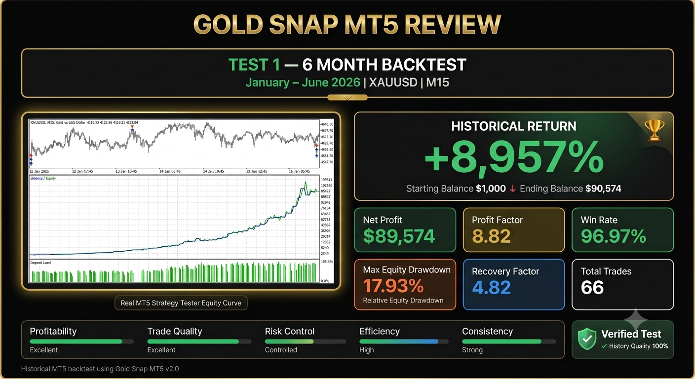 Gold Snap MT5 v2 six-month backtest results infographic