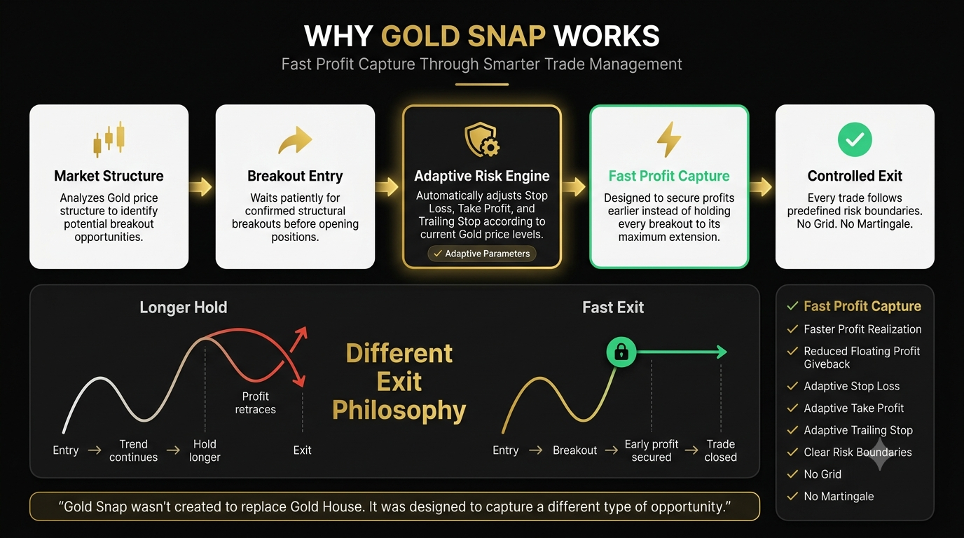 Why Gold Snap MT5 works fast profit capture infographic