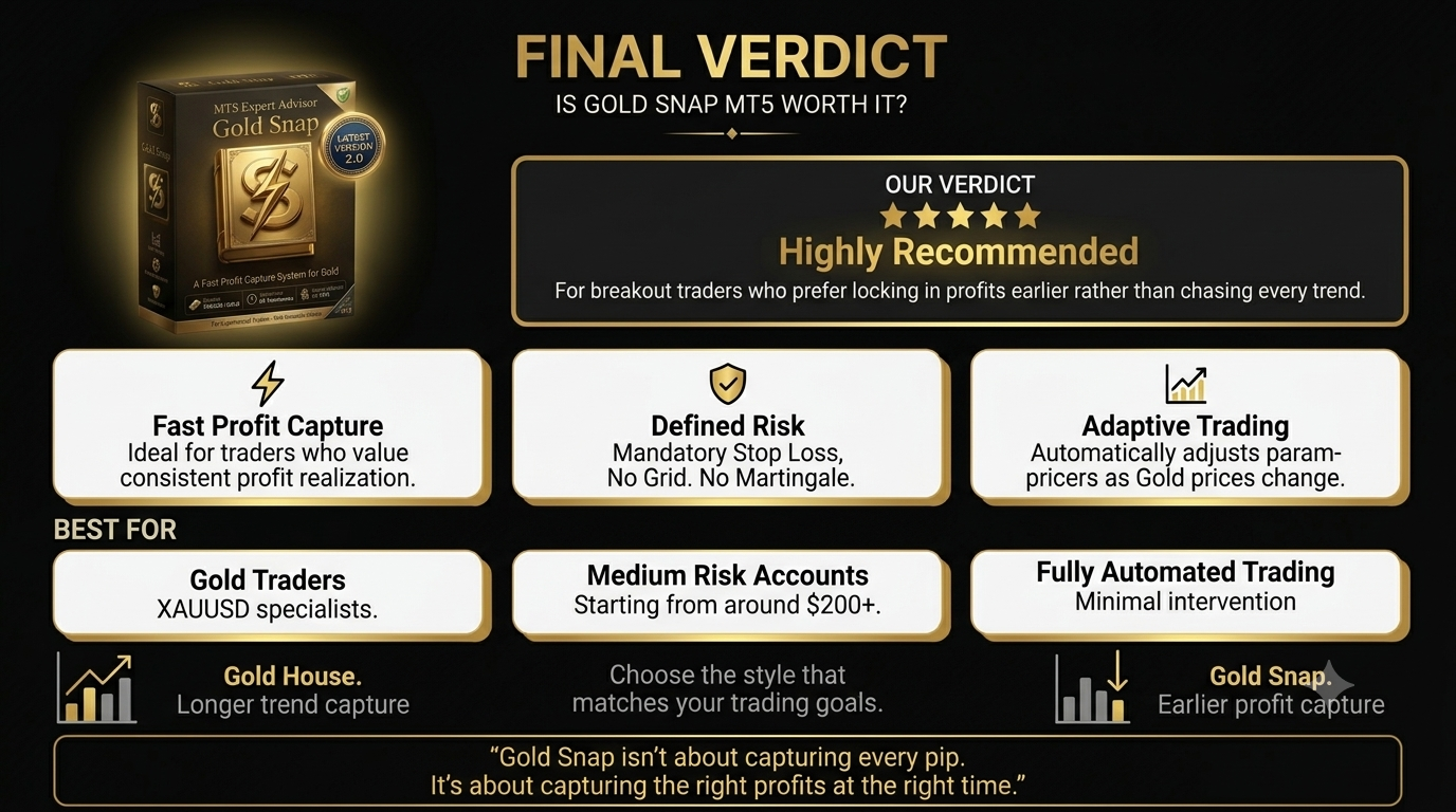 Gold Snap MT5 final verdict infographic