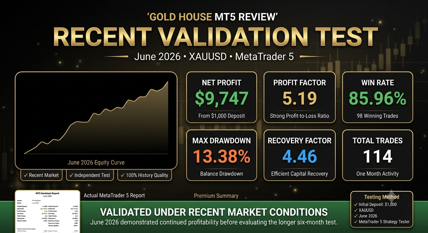 Gold House MT5 June 2026 validation test infographic