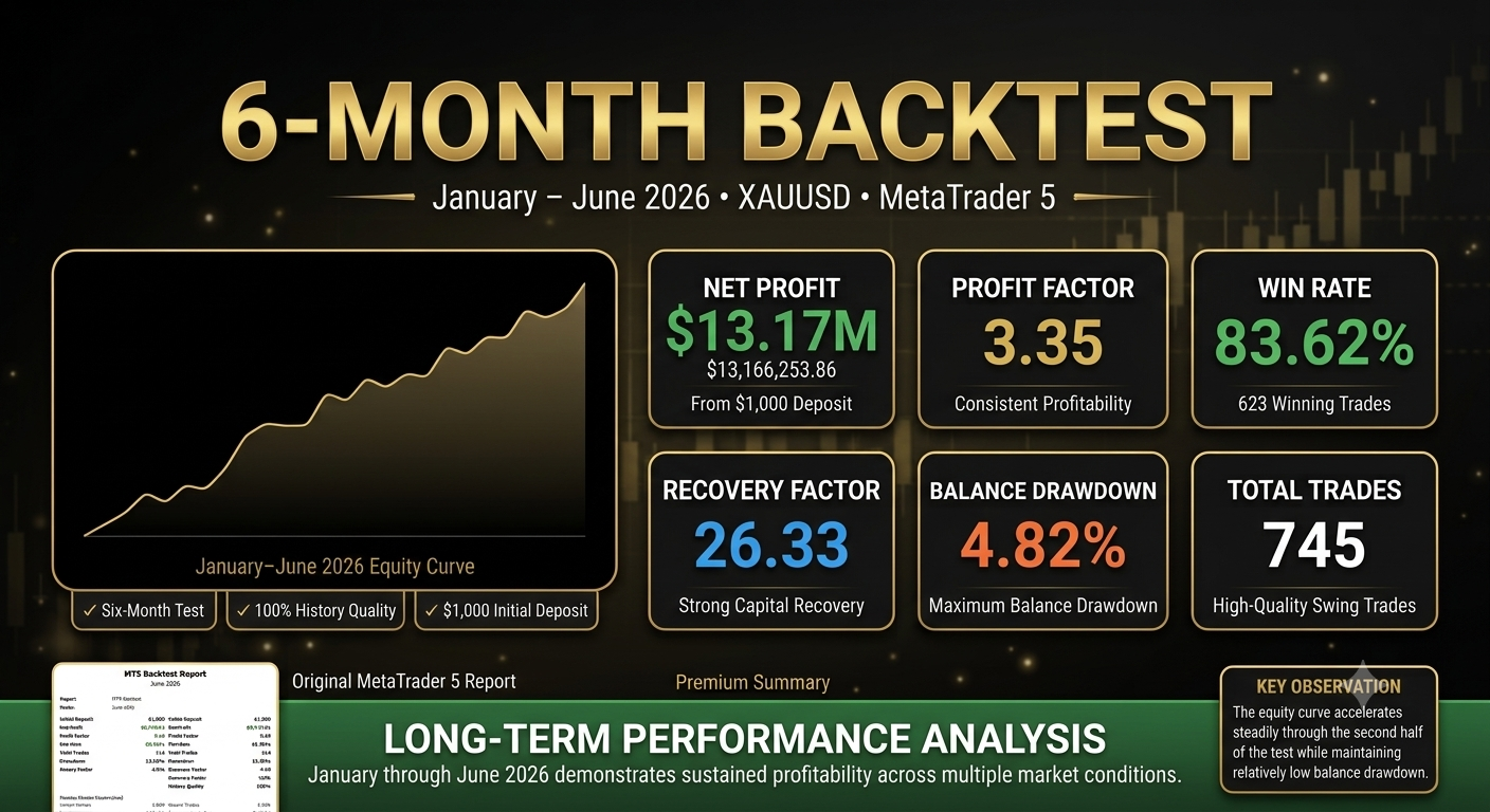 Gold House MT5 six-month backtest results infographic