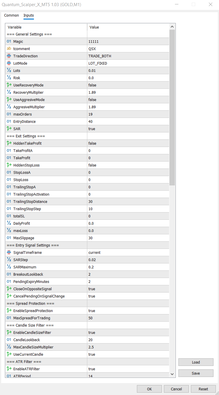 Quantum Scalper X MT5 Input Settings Part 1 Quantum Scalper X MT5 main trading and risk-management input settings