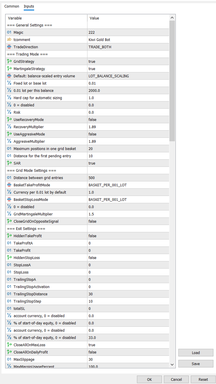 Kiwi Gold Bot MT5 input settings page 1
