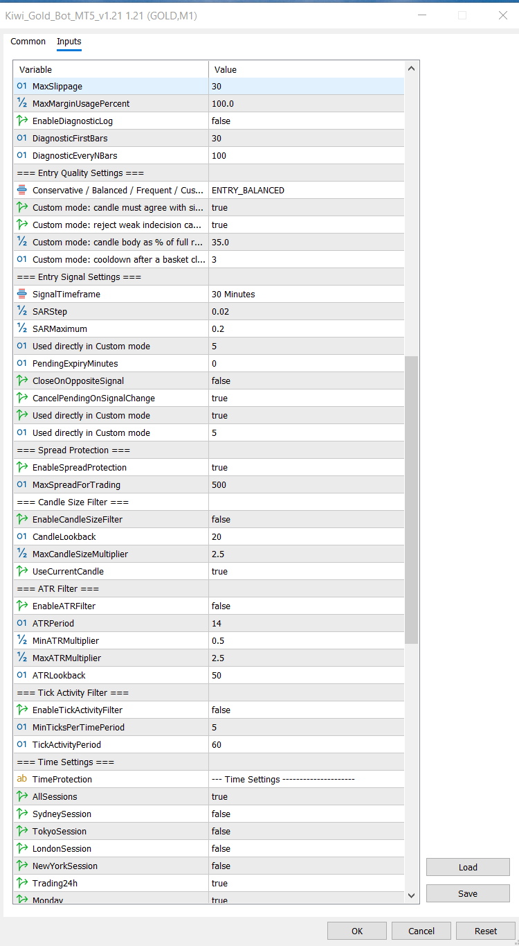 Kiwi Gold Bot MT5 input settings page 2