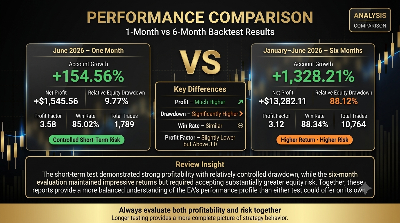 XG Gold Robot MT5 one-month versus six-month backtest comparison
