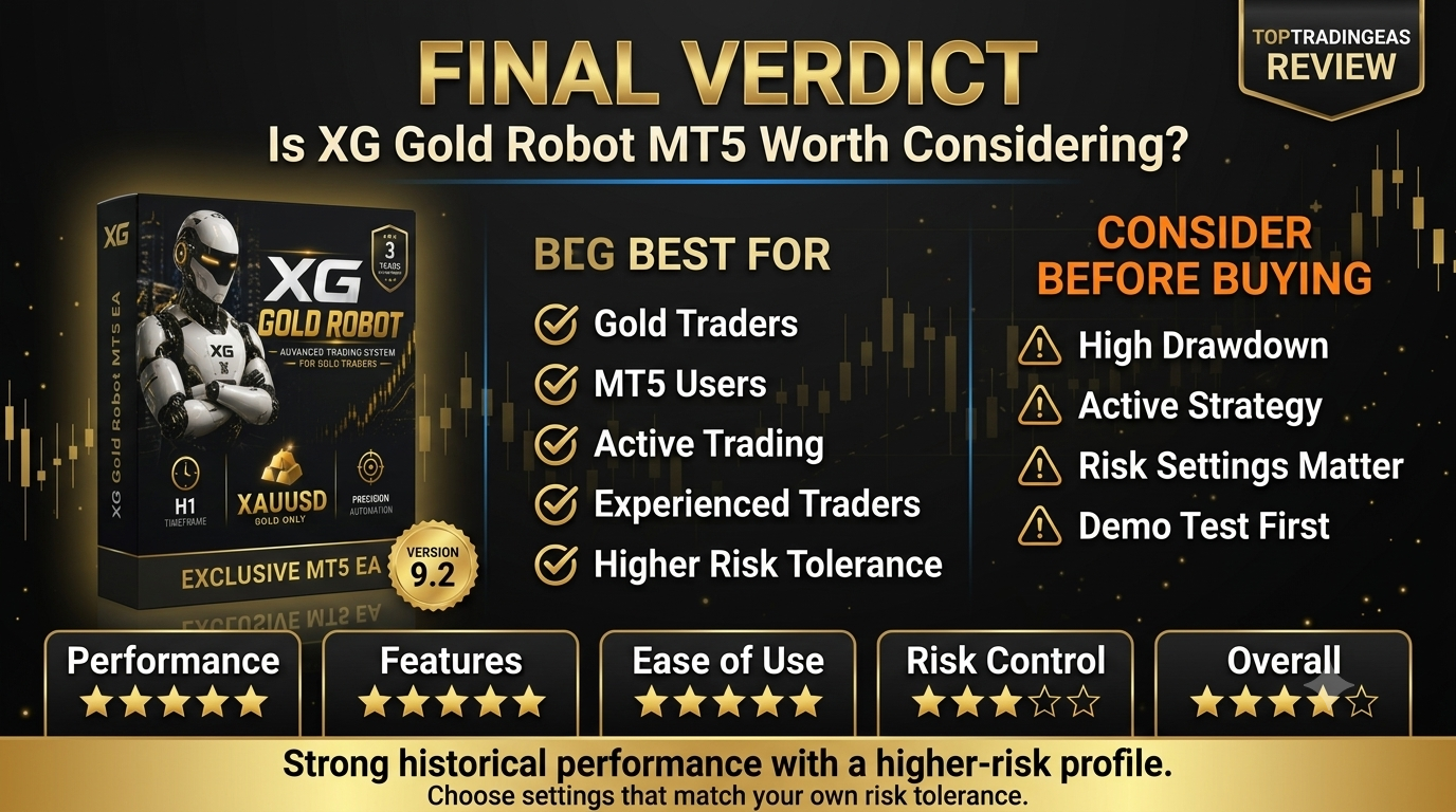 XG Gold Robot MT5 final verdict and trader suitability infographic