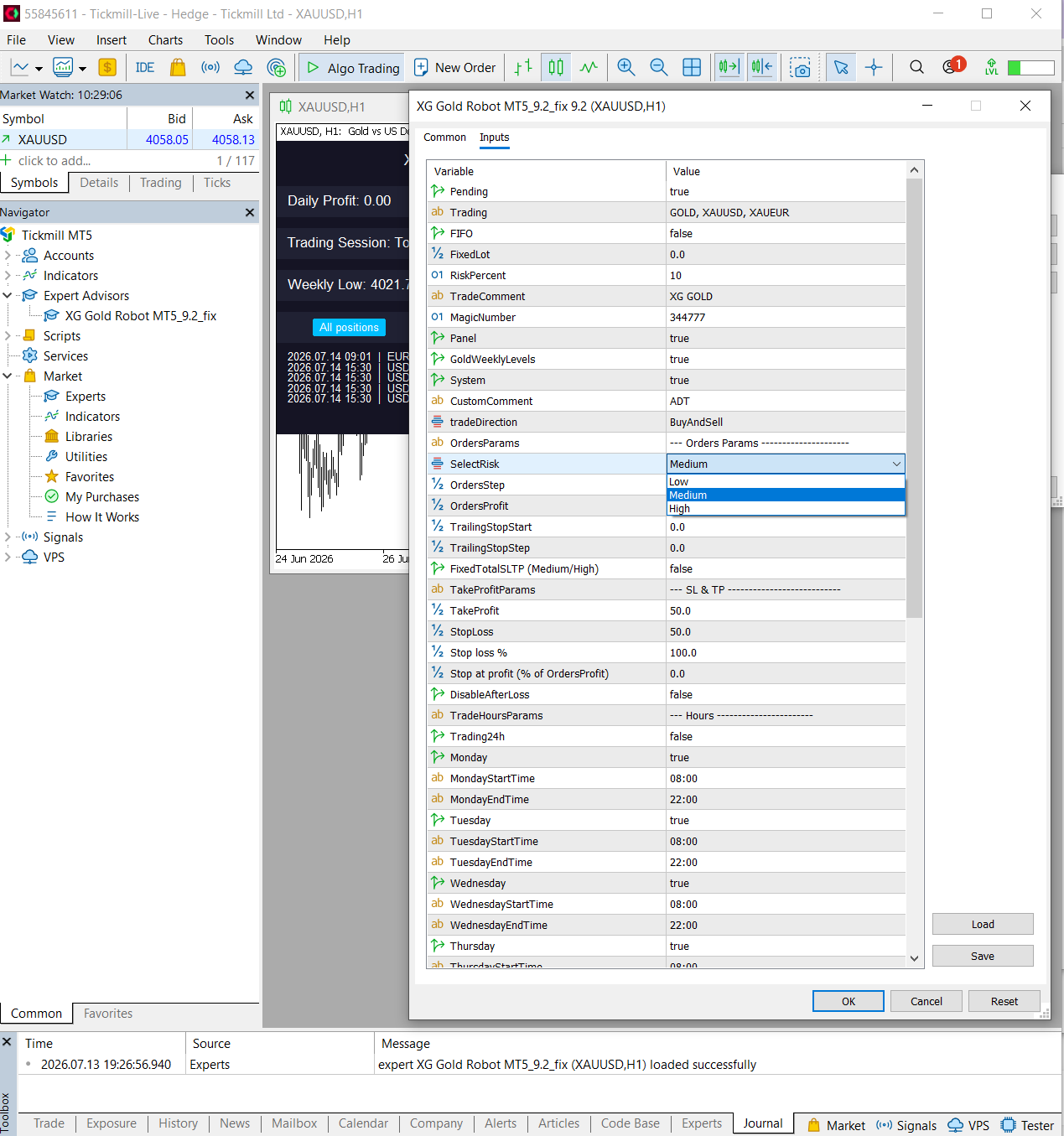 XG Gold Robot MT5 settings and input parameters first section