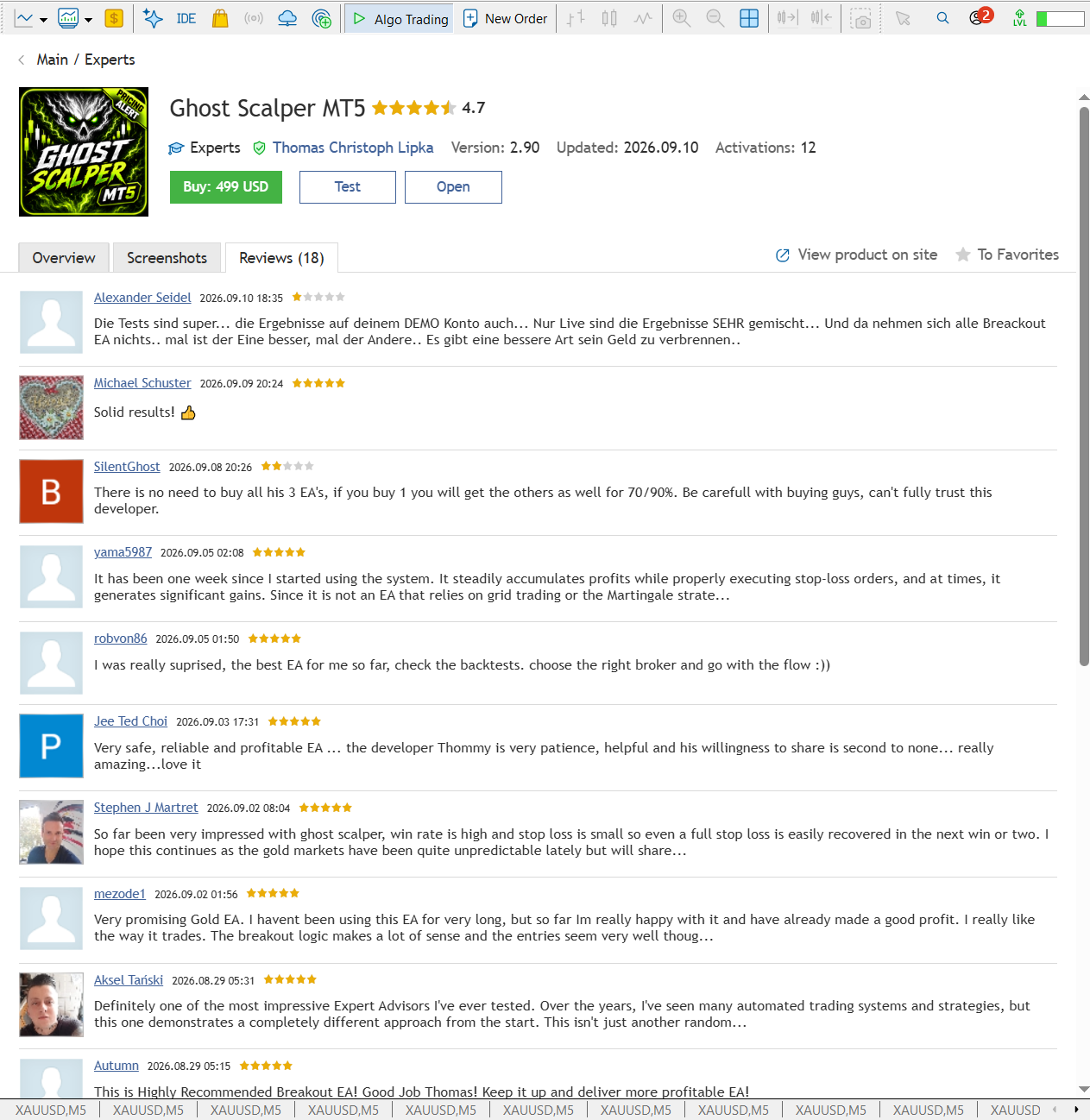 Ghost Scalper MT5 review screen showing the automated gold trading system