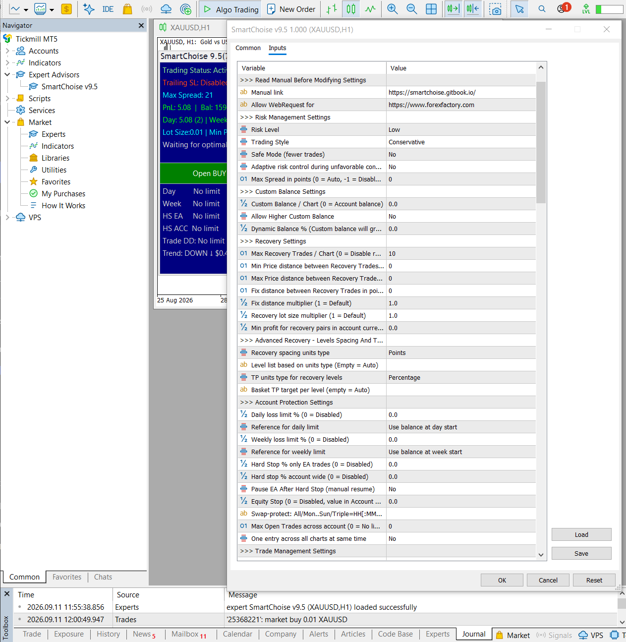 SmartChoise EA MetaTrader 5 input settings part one