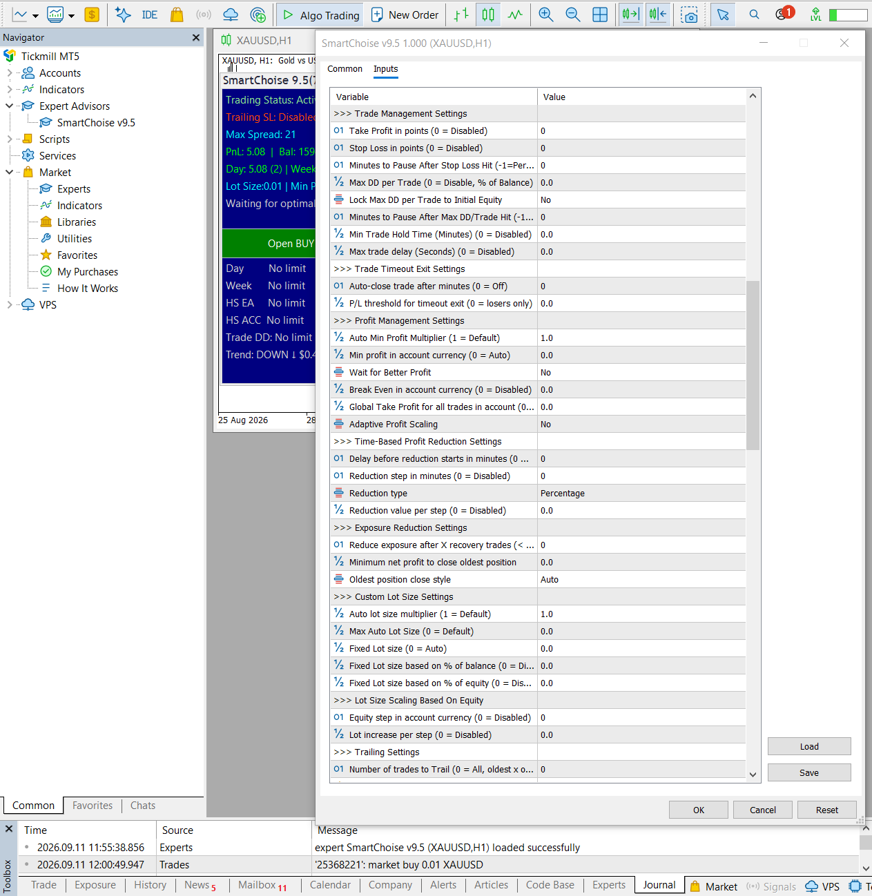 SmartChoise EA MetaTrader 5 input settings part two