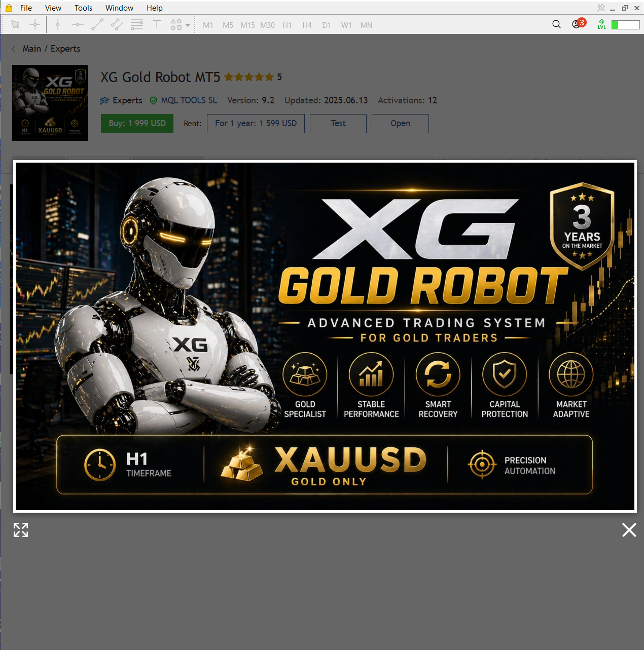 XG Gold Robot MT5 running on a gold trading chart