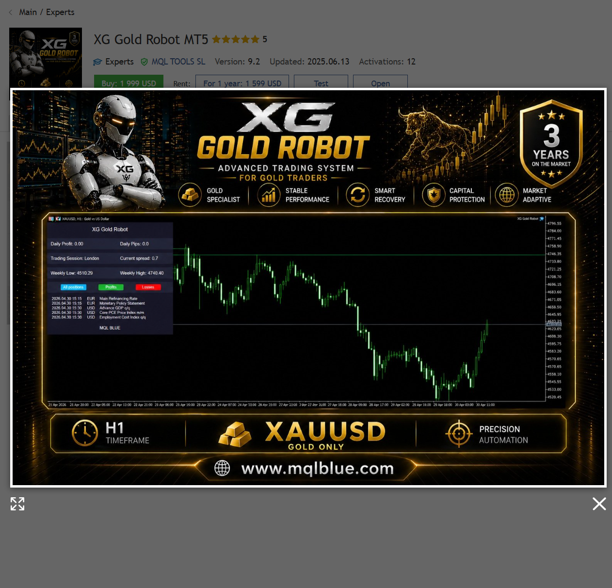 XG Gold Robot MT5 chart and trading panel screenshot