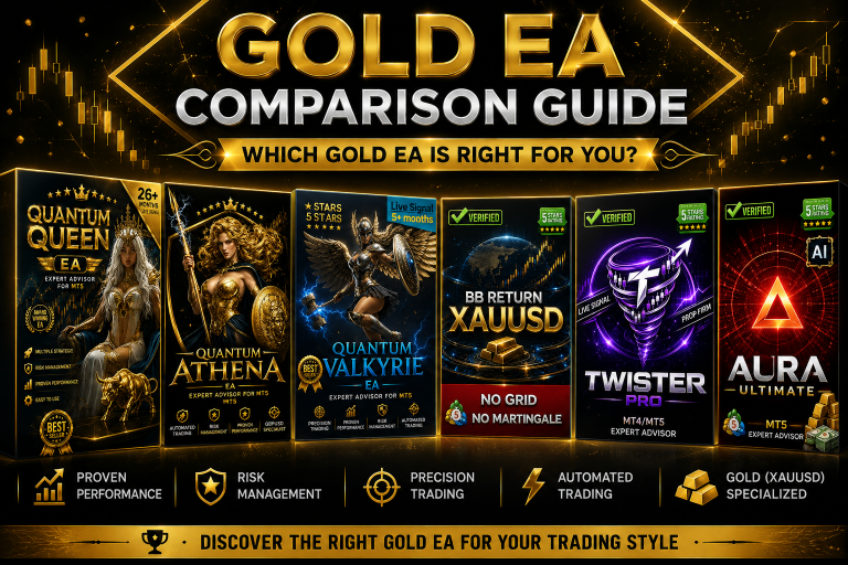 Gold EA comparison guide featuring Quantum Queen, Quantum Athena, Quantum Valkyrie, BB Return, TwisterPro Scalper and Aura Ultimate MT5 Expert Advisors for XAUUSD automated trading.