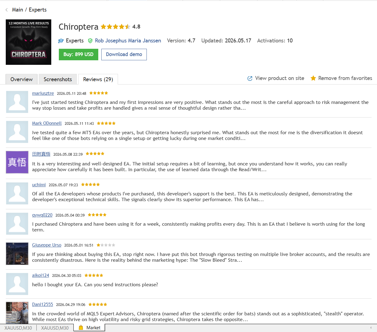 Chiroptera MT5 Expert Advisor review screenshot