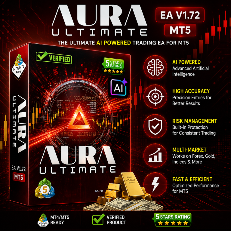 Aura Ultimate EA MT5 feature image showing an AI-powered Gold XAUUSD Expert Advisor with adaptive market intelligence, neural trading logic, volatility analysis and automated MetaTrader 5 execution.