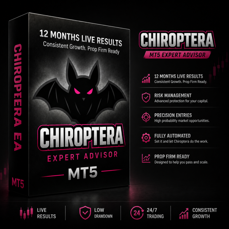 Chiroptera MT5 Expert Advisor review featuring a multi-currency Forex trading robot with 12 months of live results, prop firm compatibility, adaptive market analysis and automated MetaTrader 5 trading.