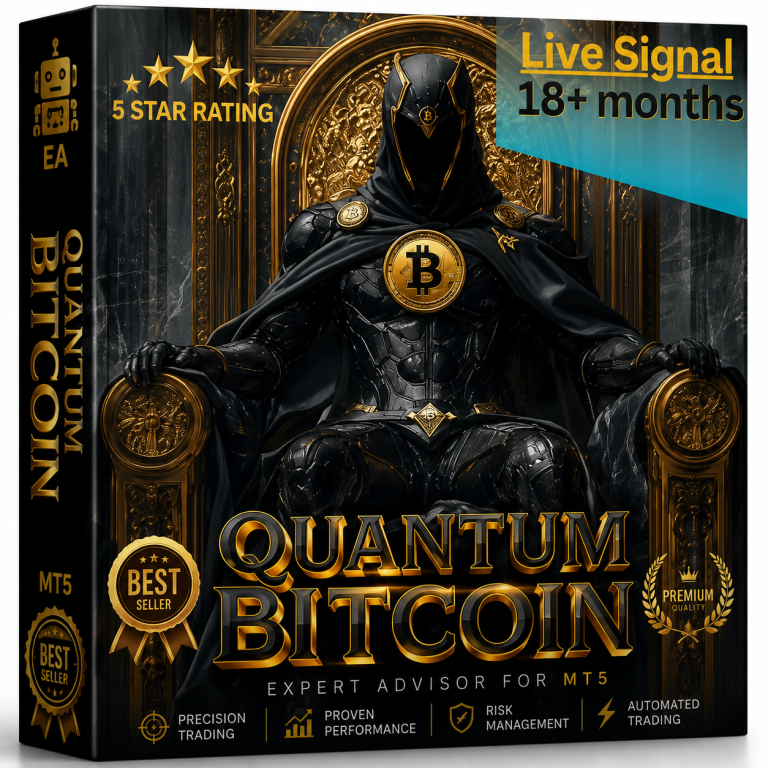 Quantum Bitcoin MT5 Expert Advisor boxshot cover featuring a mysterious hooded trader with a Bitcoin emblem, black and gold premium design, and automated Bitcoin trading branding for MetaTrader 5.