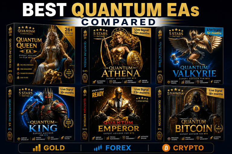 Best Quantum EAs Compared featuring Quantum Queen, Quantum Athena, Quantum Valkyrie, Quantum King, Quantum Emperor and Quantum Bitcoin Expert Advisors for MT5 trading.