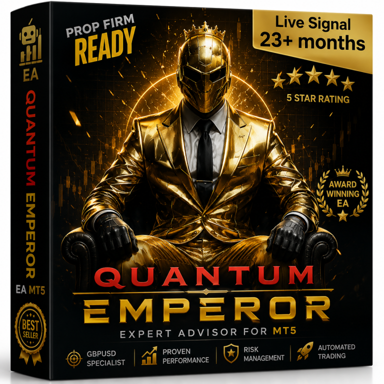 Quantum Emperor EA MT5 Expert Advisor boxshot cover featuring a futuristic golden emperor in armor with GBPUSD automated Forex trading branding and black gold premium design.