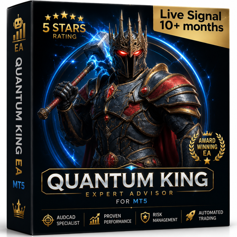 Quantum King EA MT5 Expert Advisor boxshot cover featuring a futuristic armored king warrior with glowing red eyes, blue lightning effects and AUDCAD automated trading branding.