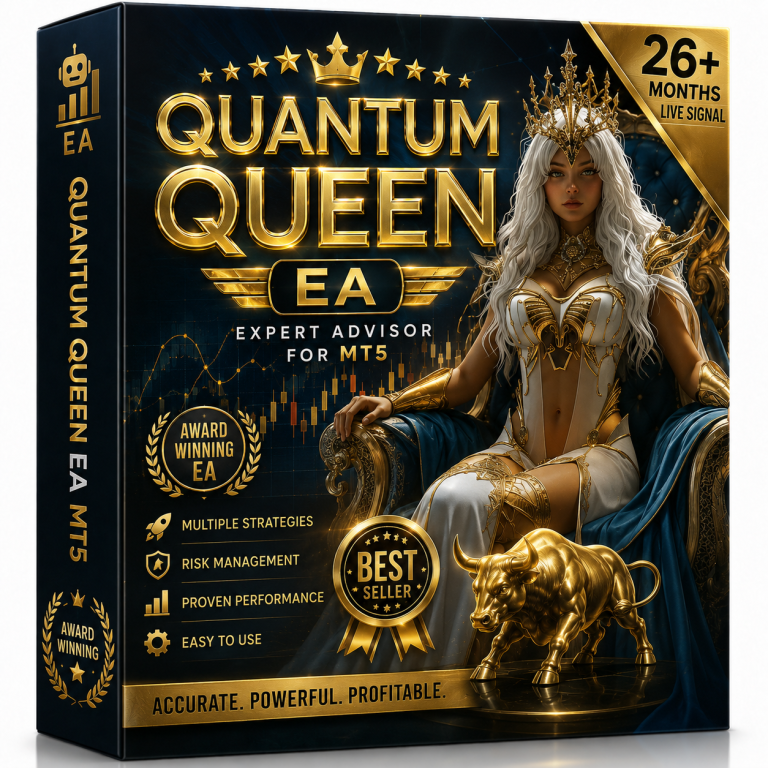 Quantum Queen EA MT5 Expert Advisor boxshot cover featuring a futuristic white-haired queen warrior with gold armor, XAUUSD trading elements and premium black gold automated trading design.