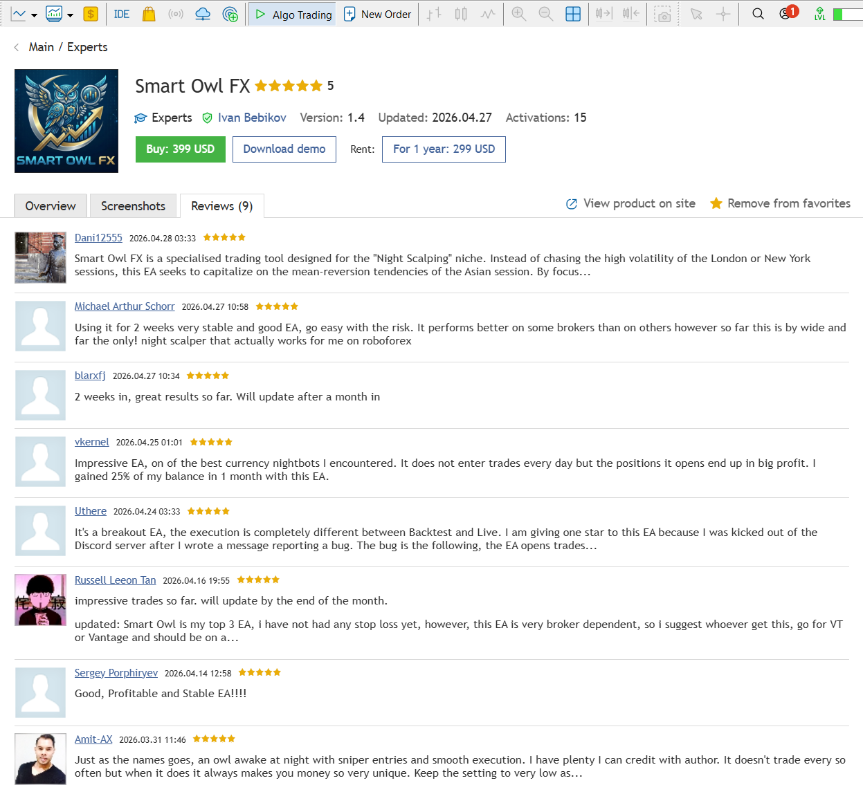 Smart Owl FX MT5 review screenshot