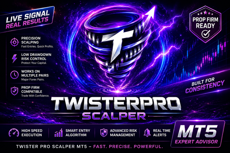 TwisterPro Scalper MT5 Expert Advisor feature image showing an automated Gold XAUUSD trading robot with live signal performance, prop firm compatibility and precision scalping technology for MetaTrader 5.