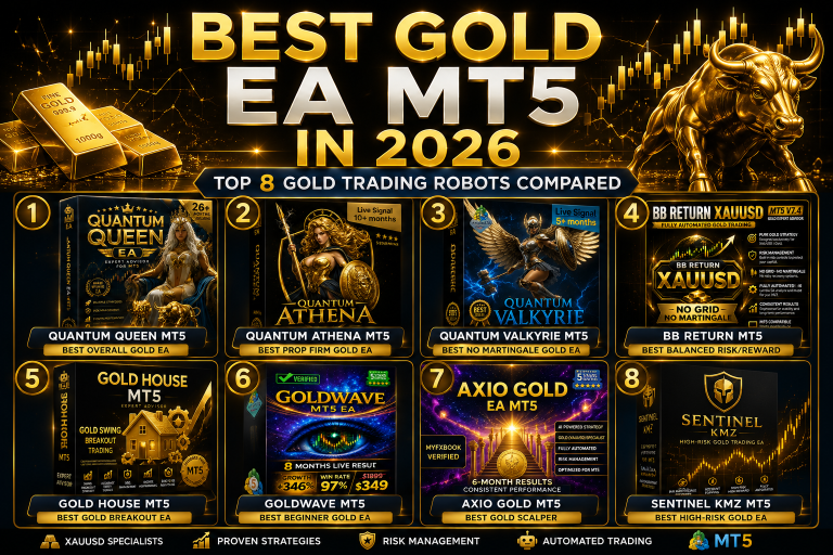Best Gold EA MT5 in 2026 comparison featuring Quantum Queen, Quantum Athena, Quantum Valkyrie, BB Return, Gold House, Goldwave, Axio Gold and Sentinel KMZ Expert Advisors for XAUUSD trading