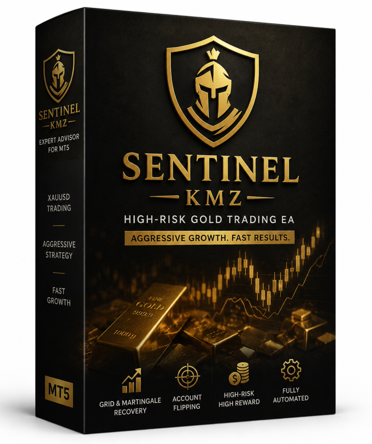 Sentinel KMZ MT5 Expert Advisor for Gold XAUUSD featuring aggressive grid trading, martingale recovery logic and high-risk account flipping strategy on MetaTrader 5