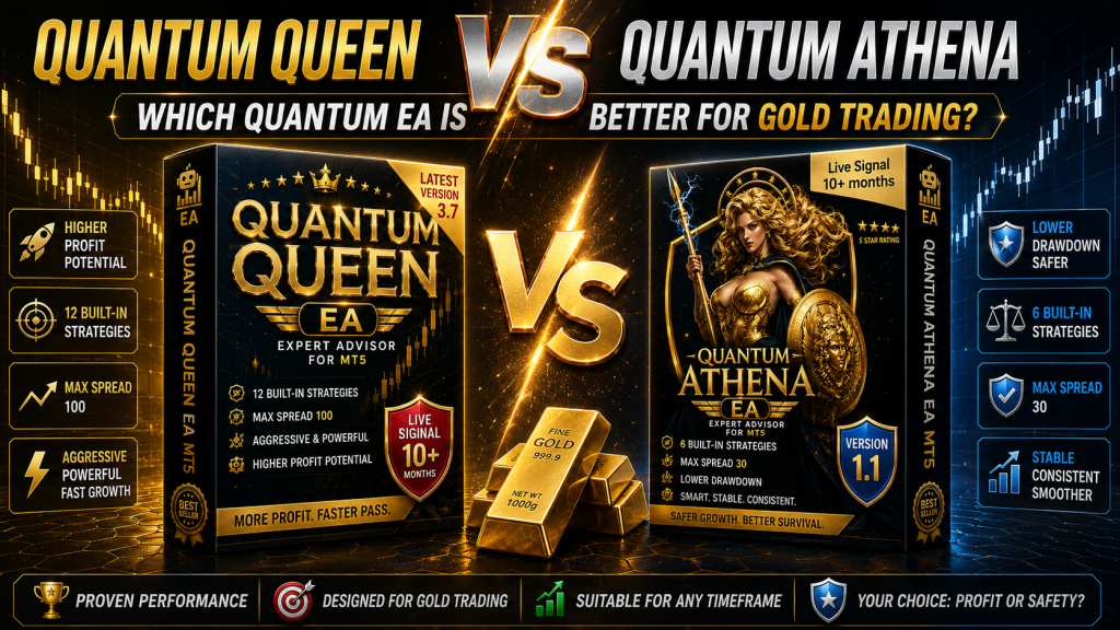 Quantum Queen vs Quantum Athena MT5 backtest comparison on XAUUSD Gold
