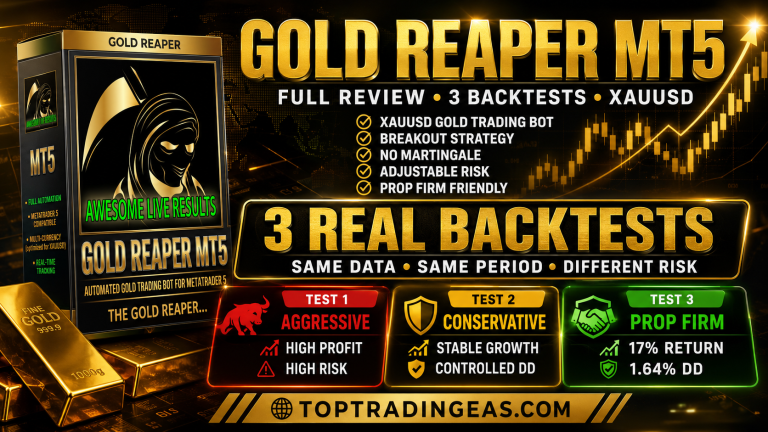Gold Reaper MT5 review showing backtest results, strategy comparison, and prop firm performance for XAUUSD trading in 2026