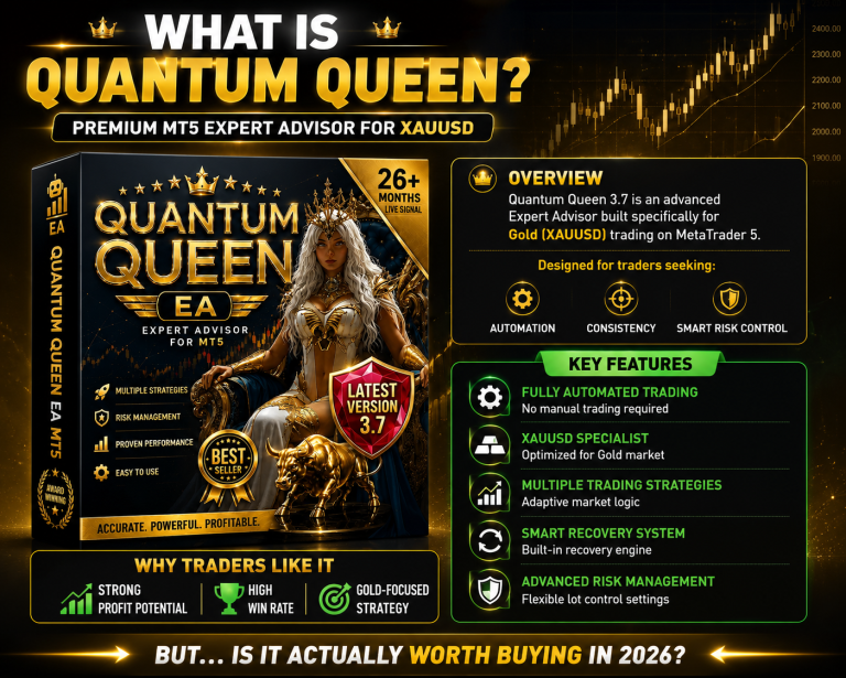 Quantum Queen V3.7 MT5 Gold Expert Advisor review with features, profit potential and risk analysis