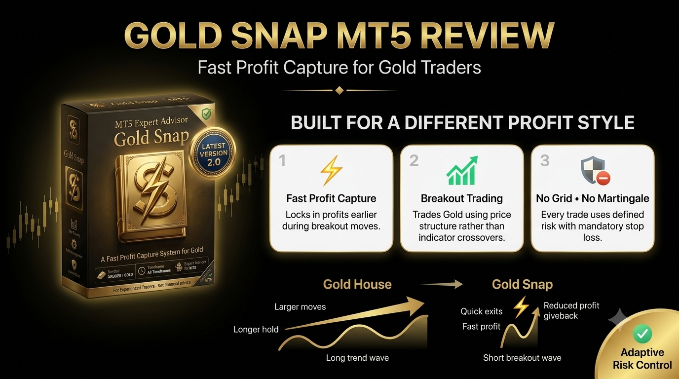 Gold Snap MT5 v2.0 review showing six-month backtest results, June 2026 validation, version comparison, and Quantum Omni Gold comparison for XAUUSD trading.