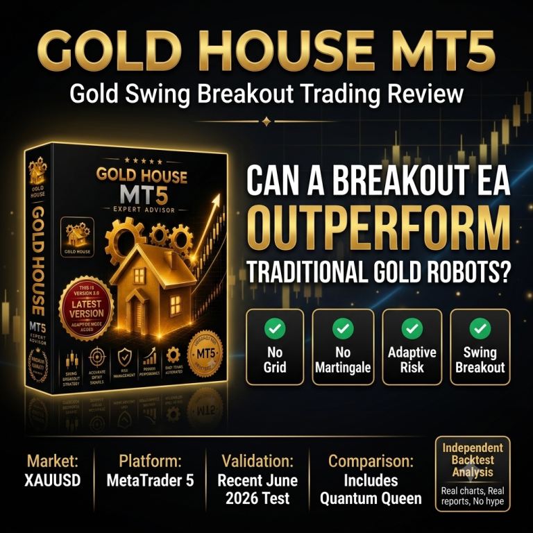Gold House MT5 v3 review showing Gold swing breakout Expert Advisor with June 2026 validation, six-month backtest, and Quantum Queen comparison.