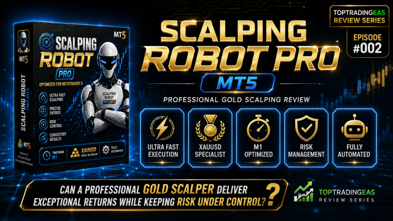 Scalping Robot Pro MT5 review showing professional Gold scalping Expert Advisor with June 2026 validation, six-month backtest, and Quantum Queen comparison.