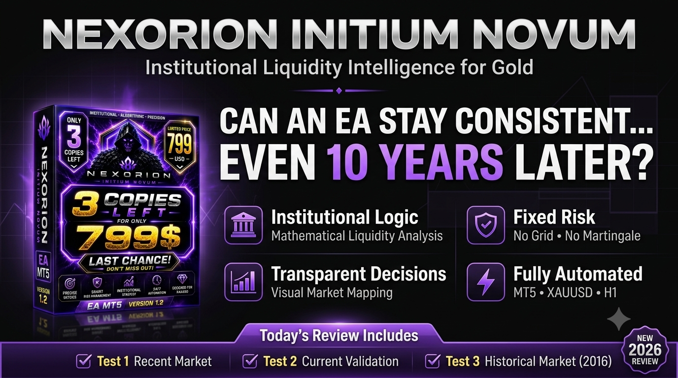 Nexorion Initium Novum EA MT5 review showing institutional Gold trading strategy and historical backtest results.
