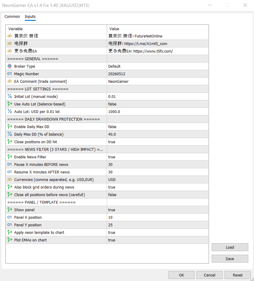 NeonGamer EA MT5 input settings