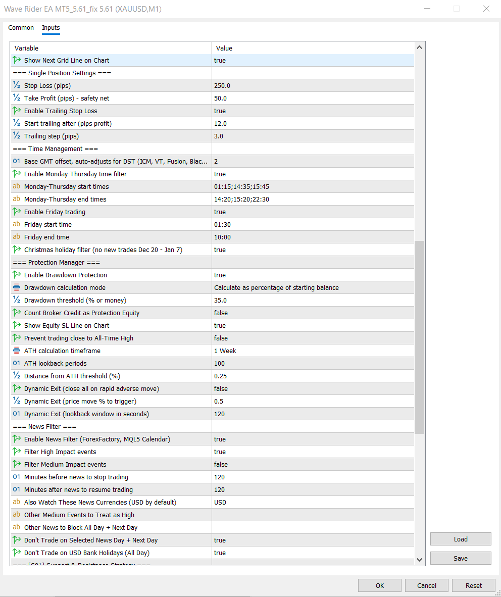 Wave Rider EA MT5 settings inputs part two