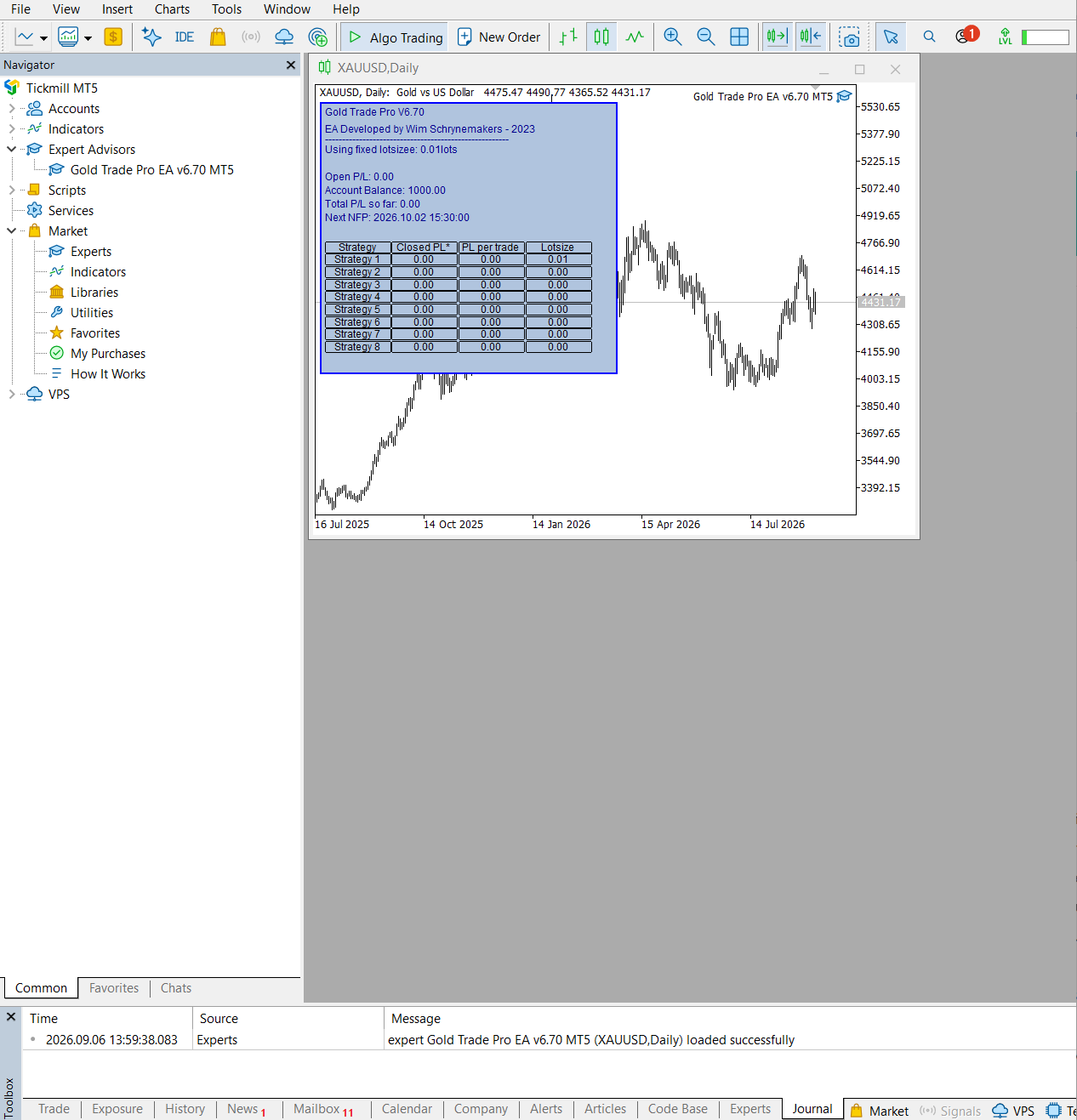 Gold Trade Pro MT5 on-chart user interface